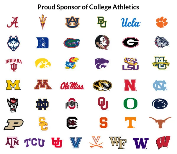 A grid of 44 NCAA college athletic logos arranged in seven rows, with the title 'Proud Sponsor of College Athletics' prominently displayed at the top. The logos represent universities like Alabama, UCLA, Michigan, Texas, and more.