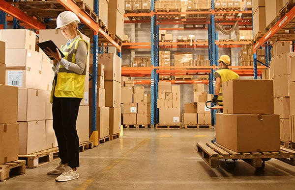Two workers wearing construction hats in a warehouse